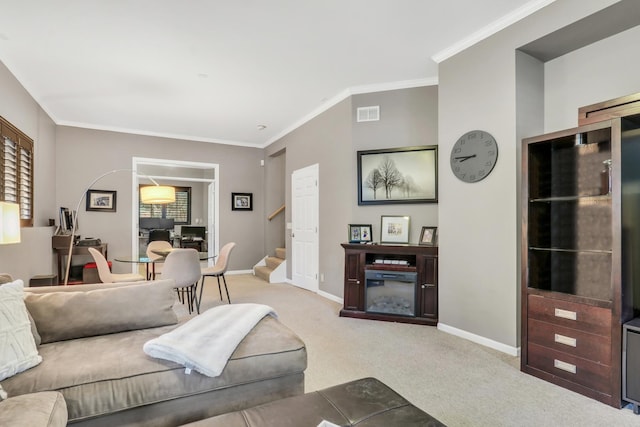 7509 Bittersweet Dr, Gurnee, IL 60031 - living area with carpet floors, stairway, and crown molding