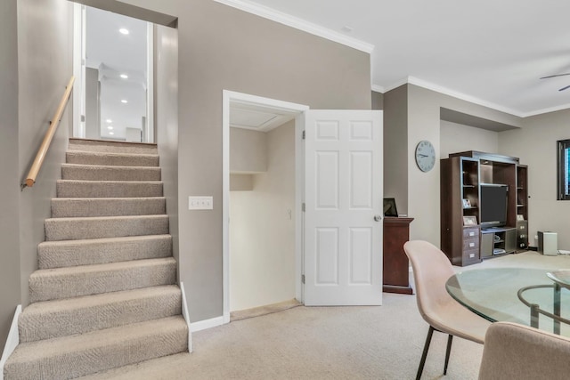 7509 Bittersweet Dr, Gurnee, IL 60031 - dining space featuring light colored carpet, crown molding, stairway, and a ceiling fan