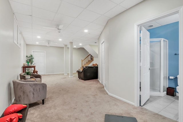 7509 Bittersweet Dr, Gurnee, IL 60031 - living area with stairs, ceiling fan, carpet flooring, and recessed lighting