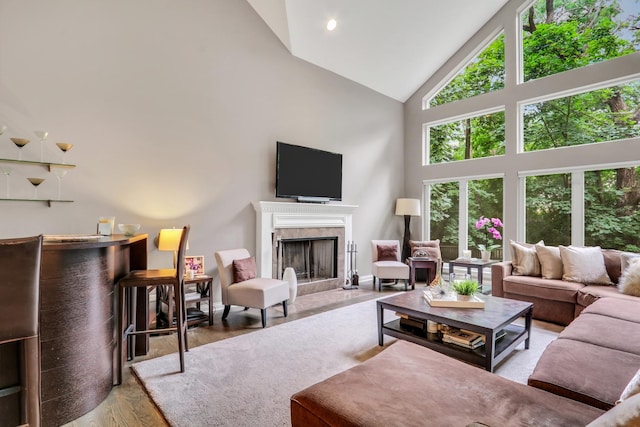 7509 Bittersweet Dr, Gurnee, IL 60031 - living room with high vaulted ceiling, a fireplace, and wood finished floors