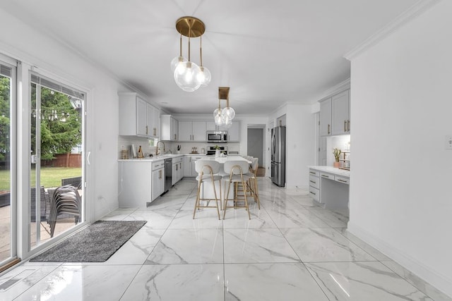 2011 Gleneagle Dr, Plainfield, IL 60586 - kitchen with stainless steel appliances, gray cabinets, light countertops, crown molding, and tasteful backsplash
