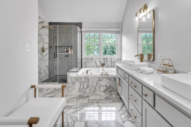 2011 Gleneagle Dr, Plainfield, IL 60586 - full bath featuring healthy amount of natural light, a garden tub, marble tiled floors, double vanity, and lofted ceiling