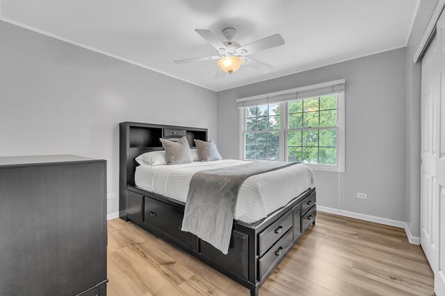 2011 Gleneagle Dr, Plainfield, IL 60586 - bedroom with ornamental molding, light wood-style floors, a ceiling fan, and a closet
