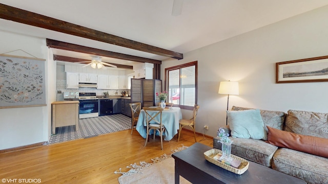 265 N Shaddle Ave, Mundelein, IL 60060 - living room featuring a ceiling fan, light wood finished floors, and beamed ceiling