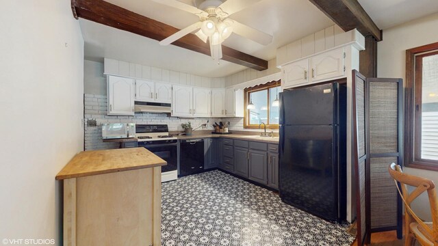 265 N Shaddle Ave, Mundelein, IL 60060 - kitchen with white appliances, under cabinet range hood, beam ceiling, ceiling fan, and tasteful backsplash