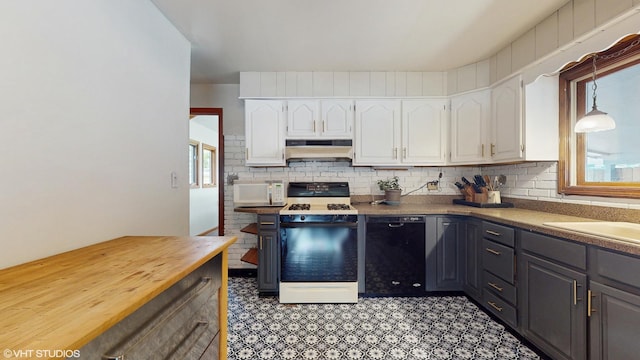 265 N Shaddle Ave, Mundelein, IL 60060 - kitchen with white appliances, under cabinet range hood, white cabinetry, backsplash, and gray cabinets