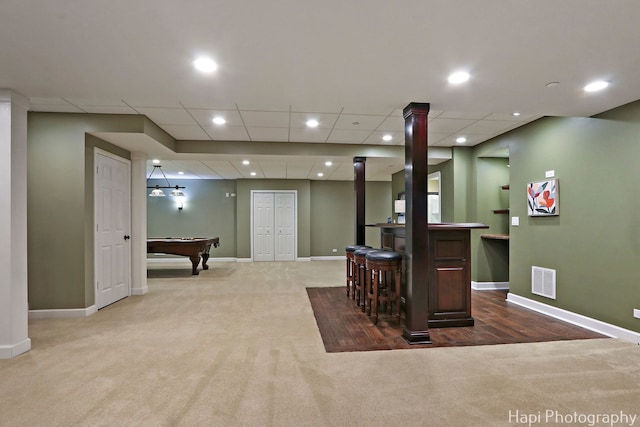 10174 Hopkins St, Huntley, IL 60142 - indoor dry bar with carpet floors, ornate columns, billiards table, and recessed lighting