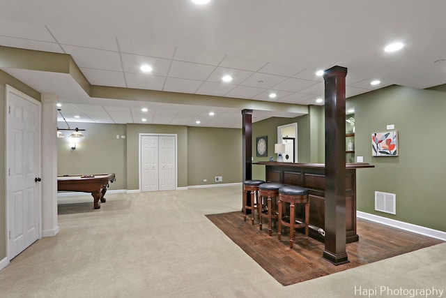 10174 Hopkins St, Huntley, IL 60142 - indoor dry bar with decorative columns, carpet, recessed lighting, and billiards