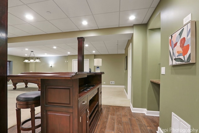 10174 Hopkins St, Huntley, IL 60142 - bar with ornate columns, dark wood finished floors, a paneled ceiling, pool table, and recessed lighting