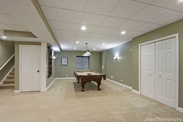 10174 Hopkins St, Huntley, IL 60142 - rec room featuring light carpet, pool table, recessed lighting, and a paneled ceiling