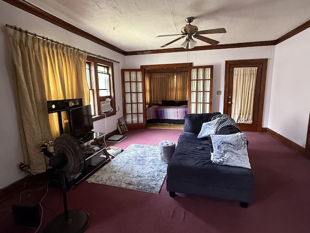 1250 Corbin St, Rockford, IL 61102 - carpeted living area with a ceiling fan and crown molding