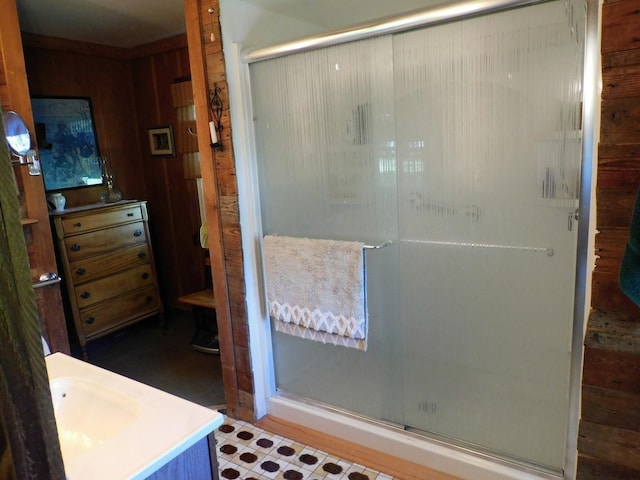 4256 W Egan Rd, Leaf River, IL 61047 - bathroom featuring a shower stall, vanity, and wood walls