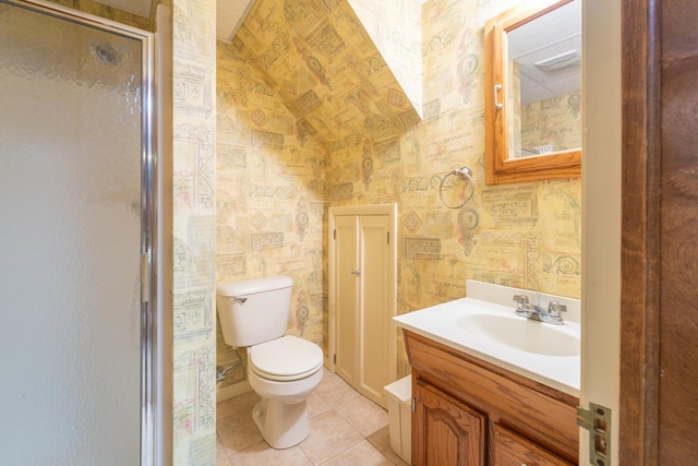 1286 W Stephenson St, Freeport, IL 61032 - full bathroom featuring wallpapered walls, a stall shower, vanity, tile patterned floors, and vaulted ceiling
