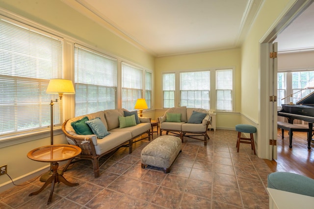 1286 W Stephenson St, Freeport, IL 61032 - living room with ornamental molding and dark tile patterned floors