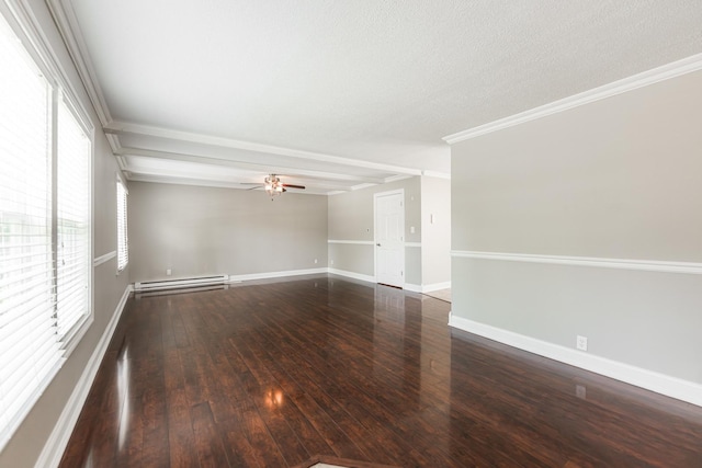 1614 E Dresser Rd, Dekalb, IL 60115 - empty room featuring a baseboard radiator, hardwood / wood-style floors, a ceiling fan, crown molding, and a textured ceiling