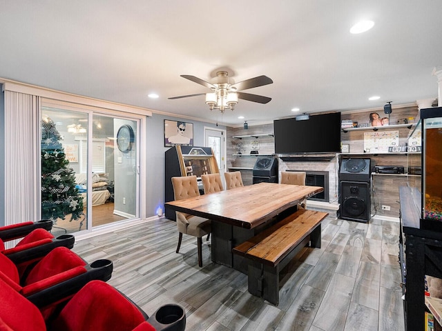 385 E Irving Park Rd, Streamwood, IL 60107 - dining room featuring ceiling fan, light wood finished floors, recessed lighting, and crown molding