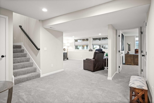 2621 Shale Rd, Normal, IL 61761 - living room with carpet flooring, stairway, and recessed lighting