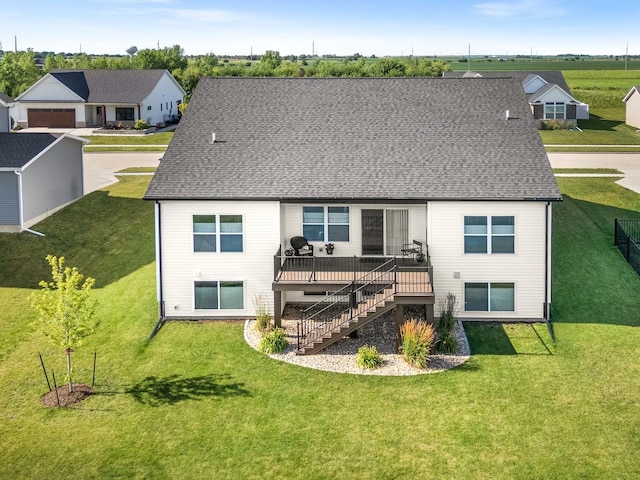2621 Shale Rd, Normal, IL 61761 - rear view of house with stairway, roof with shingles, a wooden deck, and a yard