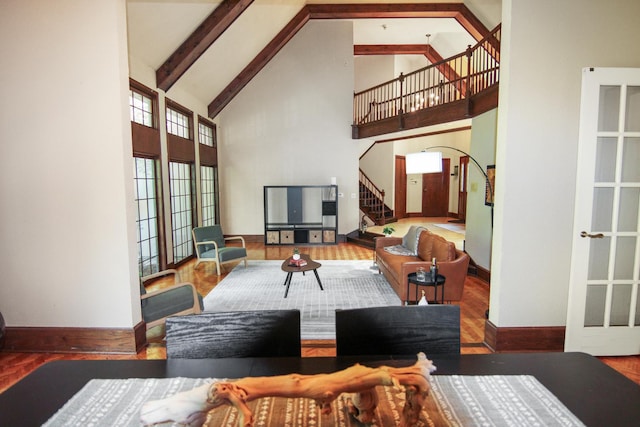 16612 S Catawba Rd, Homer Glen, IL 60491 - living area featuring high vaulted ceiling, stairway, wood finished floors, and beamed ceiling
