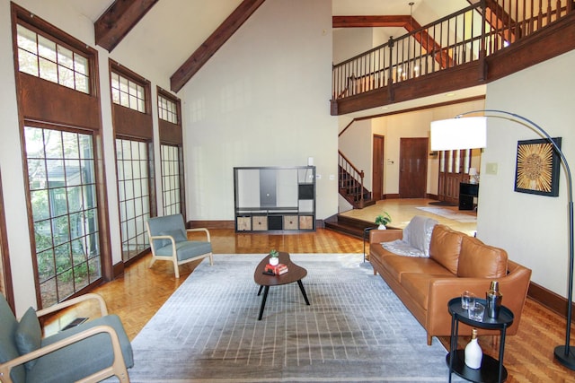 16612 S Catawba Rd, Homer Glen, IL 60491 - living area featuring high vaulted ceiling, stairway, beam ceiling, and parquet floors