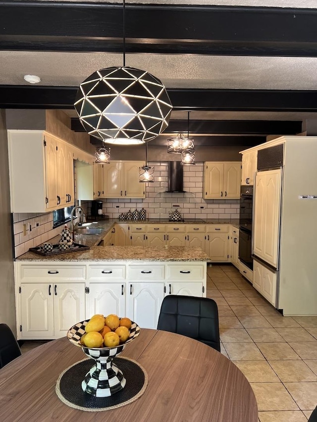 16612 S Catawba Rd, Homer Glen, IL 60491 - kitchen featuring black appliances, tasteful backsplash, light tile patterned floors, hanging light fixtures, and ventilation hood