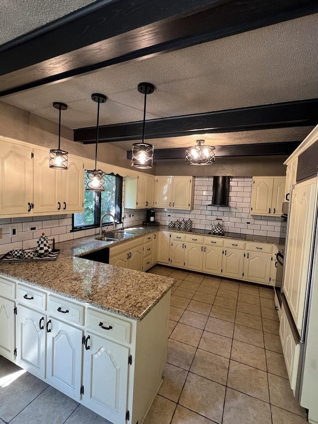 16612 S Catawba Rd, Homer Glen, IL 60491 - kitchen featuring decorative backsplash, a peninsula, light tile patterned floors, range hood, and a textured ceiling