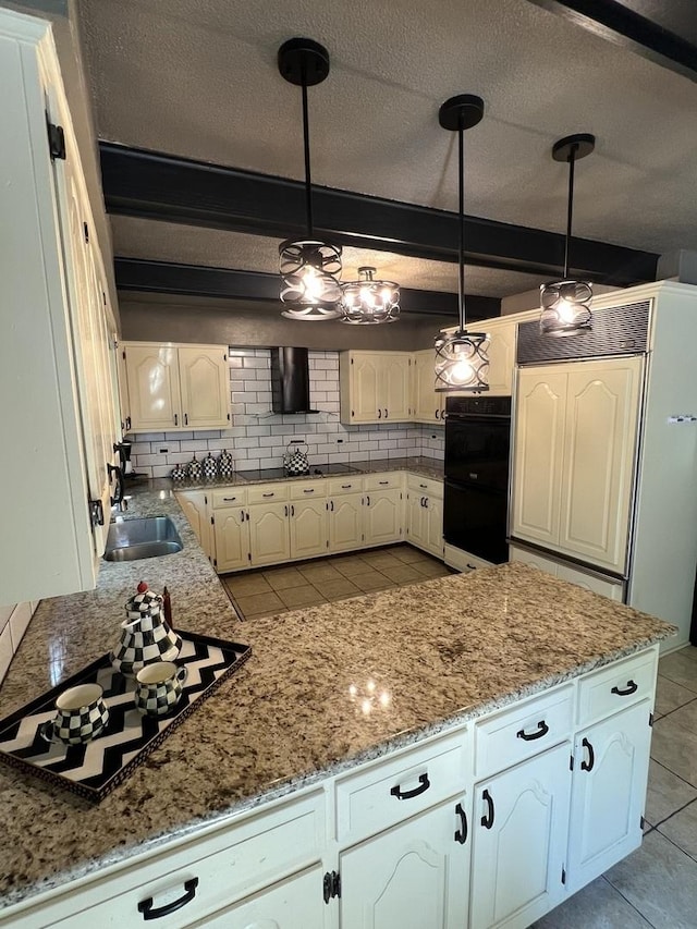 16612 S Catawba Rd, Homer Glen, IL 60491 - kitchen with stovetop, ventilation hood, backsplash, light tile patterned floors, and a textured ceiling