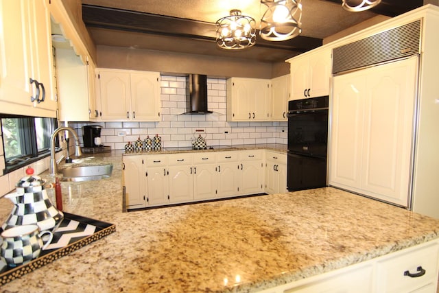 16612 S Catawba Rd, Homer Glen, IL 60491 - kitchen featuring wall chimney range hood, black appliances, tasteful backsplash, white cabinetry, and light stone counters