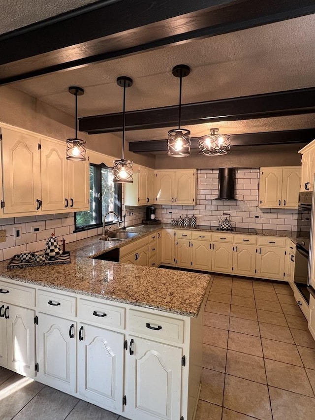 16612 S Catawba Rd, Homer Glen, IL 60491 - kitchen with wall chimney range hood, light tile patterned floors, backsplash, cooktop, and a peninsula