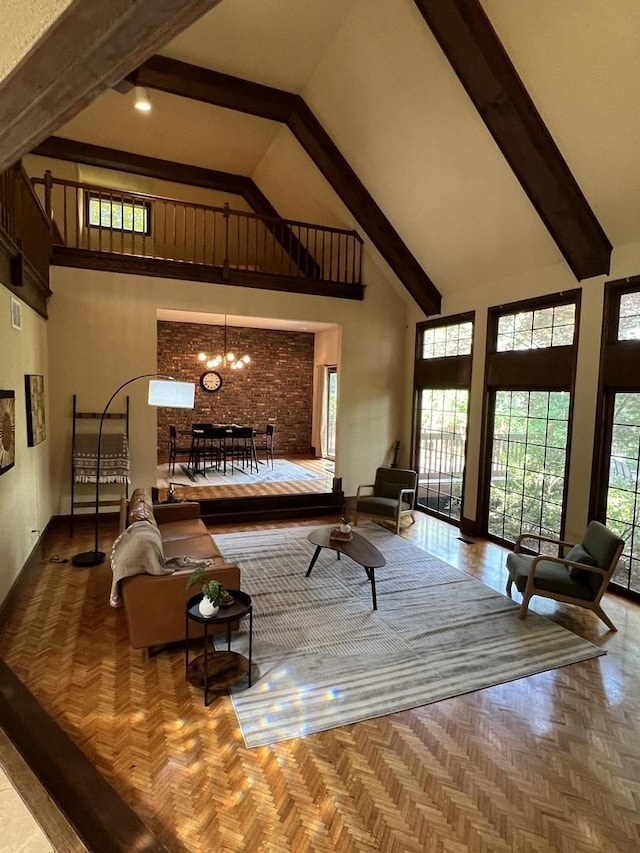 16612 S Catawba Rd, Homer Glen, IL 60491 - living room with high vaulted ceiling, beam ceiling, and a chandelier