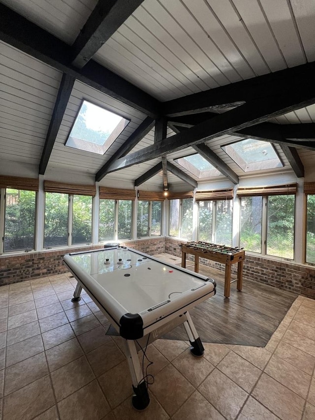 16612 S Catawba Rd, Homer Glen, IL 60491 - rec room with a skylight, tile patterned flooring, pool table, and brick wall