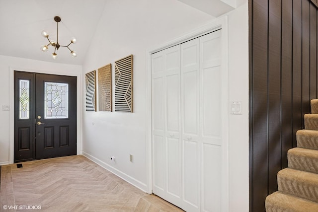 9N909 Koshare Trl, Elgin, IL 60124 - entryway featuring a chandelier, stairway, and high vaulted ceiling