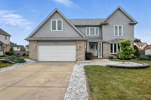 3705 Streamwood Dr, Hazel Crest, IL 60429 - traditional-style home with brick siding, driveway, a garage, a front yard, and a shingled roof