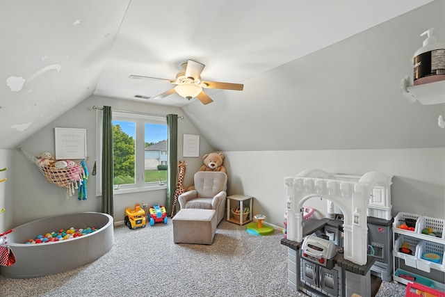 3705 Streamwood Dr, Hazel Crest, IL 60429 - recreation room featuring ceiling fan, lofted ceiling, and carpet flooring