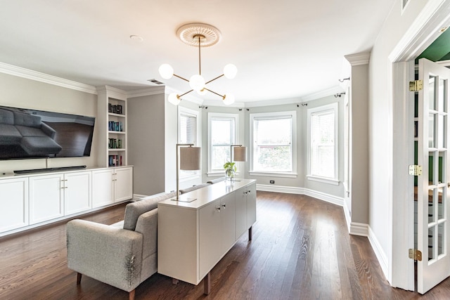 5952 N Paulina St Unit 2N, Chicago, IL 60660 - living room featuring ornamental molding, dark wood-style flooring, and a chandelier