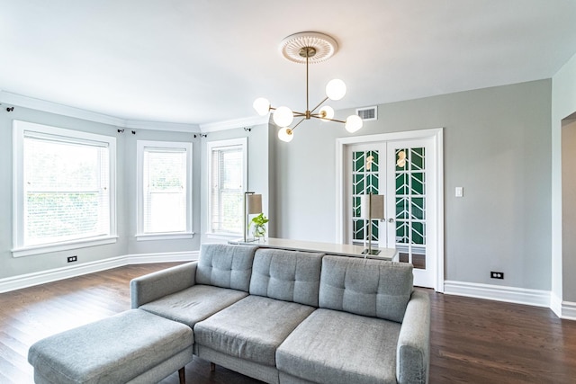 5952 N Paulina St Unit 2N, Chicago, IL 60660 - living area with dark wood-style flooring, a chandelier, plenty of natural light, french doors, and ornamental molding