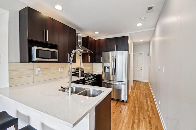 2423 W Augusta Blvd Unit 1, Chicago, IL 60622 - kitchen featuring stainless steel appliances, wall chimney exhaust hood, a peninsula, light countertops, and backsplash