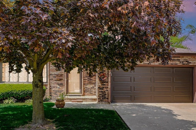 17720 Ashland Ave, Homewood, IL 60430 - view of property hidden behind natural elements featuring brick siding, concrete driveway, a garage, and a yard