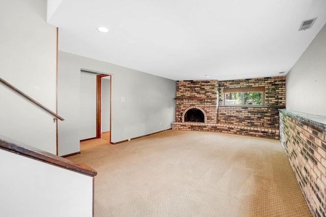 17720 Ashland Ave, Homewood, IL 60430 - unfurnished living room featuring carpet flooring, brick wall, a brick fireplace, and recessed lighting