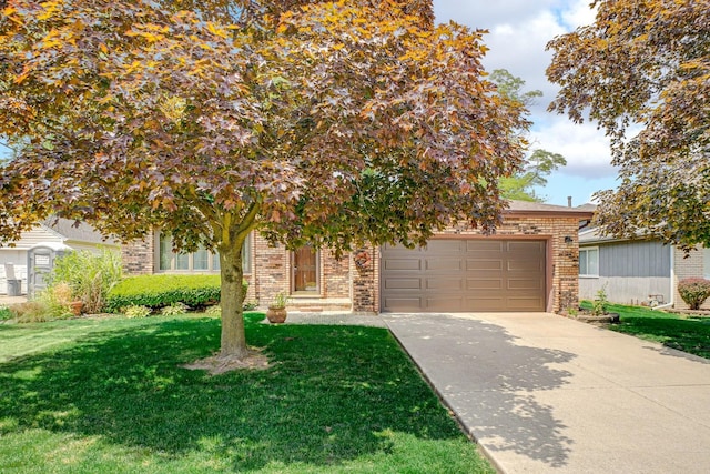 17720 Ashland Ave, Homewood, IL 60430 - obstructed view of property featuring brick siding, a garage, a front lawn, and concrete driveway