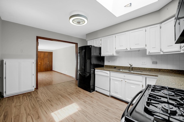 17720 Ashland Ave, Homewood, IL 60430 - kitchen featuring black appliances, white cabinets, tasteful backsplash, and light wood-style floors