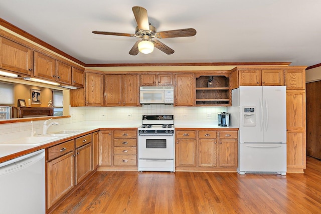 1642 Iowa Dr, Elk Grove Village, IL 60007 - kitchen with white appliances, open shelves, backsplash, dark wood-style floors, and ceiling fan