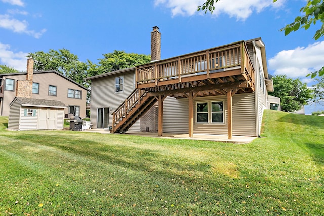 1642 Iowa Dr, Elk Grove Village, IL 60007 - back of property with a wooden deck, a storage shed, stairway, a lawn, and a patio