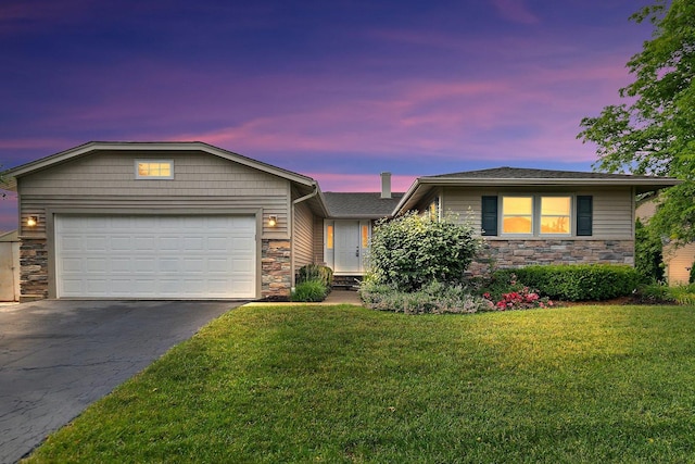 1642 Iowa Dr, Elk Grove Village, IL 60007 - ranch-style house featuring stone siding, asphalt driveway, a yard, and a garage