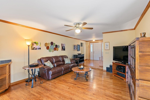 1642 Iowa Dr, Elk Grove Village, IL 60007 - living room featuring light wood-type flooring, ornamental molding, and ceiling fan