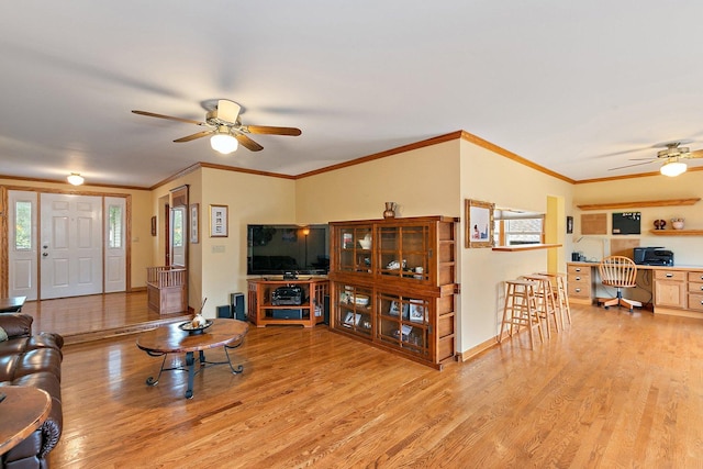 1642 Iowa Dr, Elk Grove Village, IL 60007 - living room featuring ceiling fan, light wood finished floors, an office area, and ornamental molding