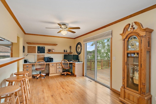 1642 Iowa Dr, Elk Grove Village, IL 60007 - home office featuring light wood finished floors, ceiling fan, built in desk, and ornamental molding