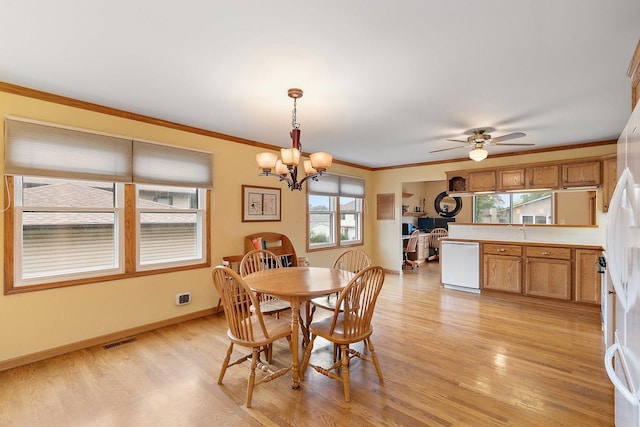 1642 Iowa Dr, Elk Grove Village, IL 60007 - dining area featuring light wood-style flooring, a chandelier, ornamental molding, and ceiling fan