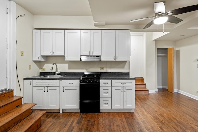 7035 N Sheridan Rd Unit G, Chicago, IL 60626 - kitchen with black gas stove, under cabinet range hood, dark wood finished floors, a ceiling fan, and dark countertops