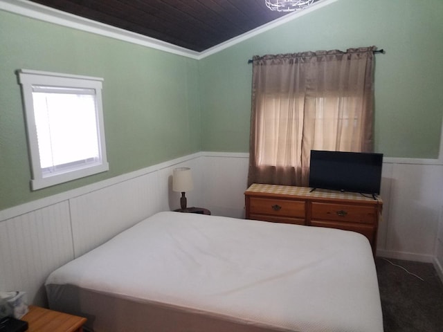 711 S 3rd St, Oregon, IL 61061 - bedroom featuring a wainscoted wall, lofted ceiling, wooden ceiling, and crown molding